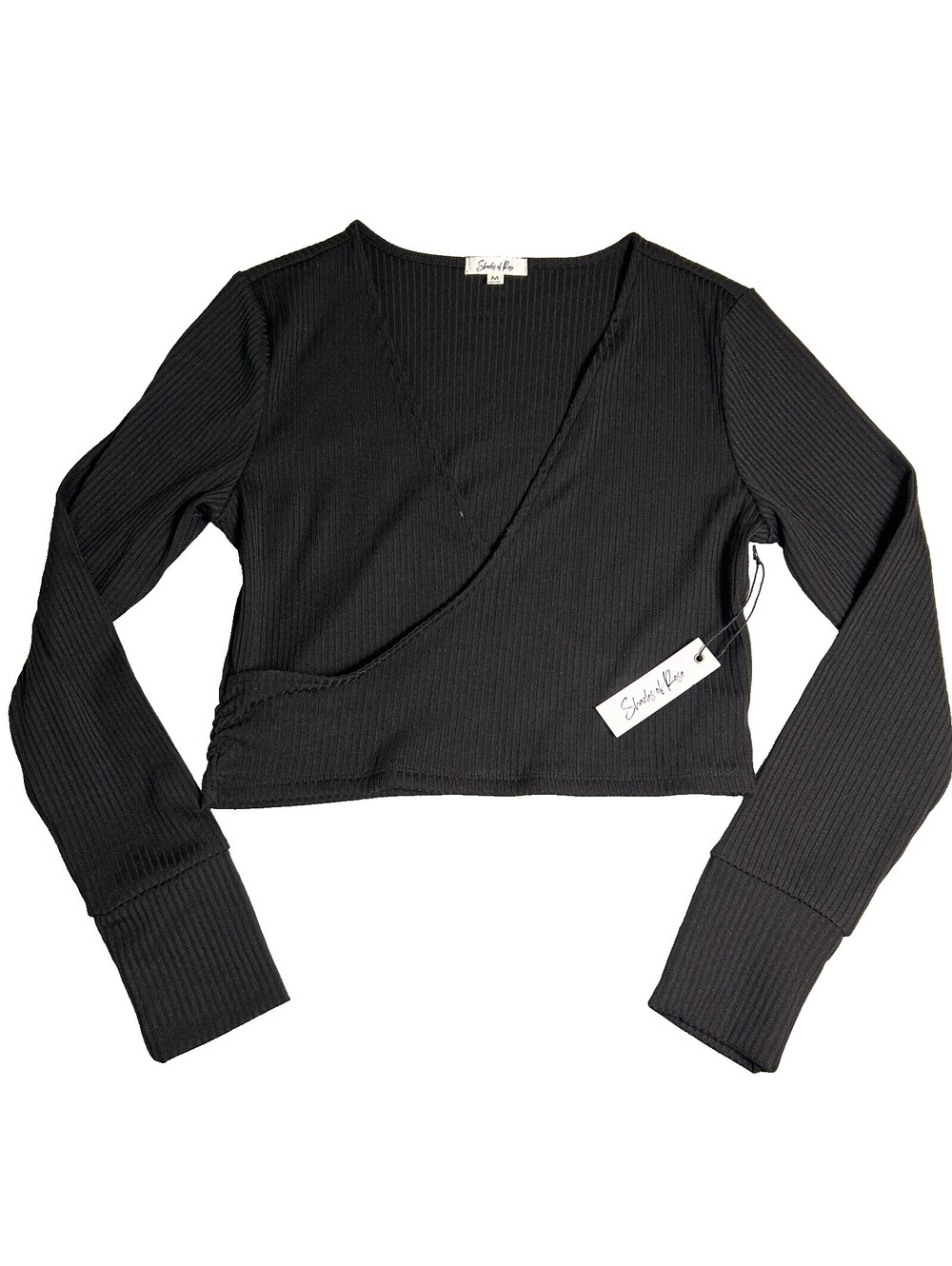 NWT Shades of Rose Crop Top Womens Medium Black Ribbed Wrap Elevated Basic